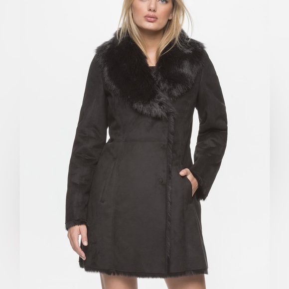 Black Faux Fur Shearling Suede Penny Lane 90s Glam Goth Coat Charlotte Simone - Picture 2 of 8